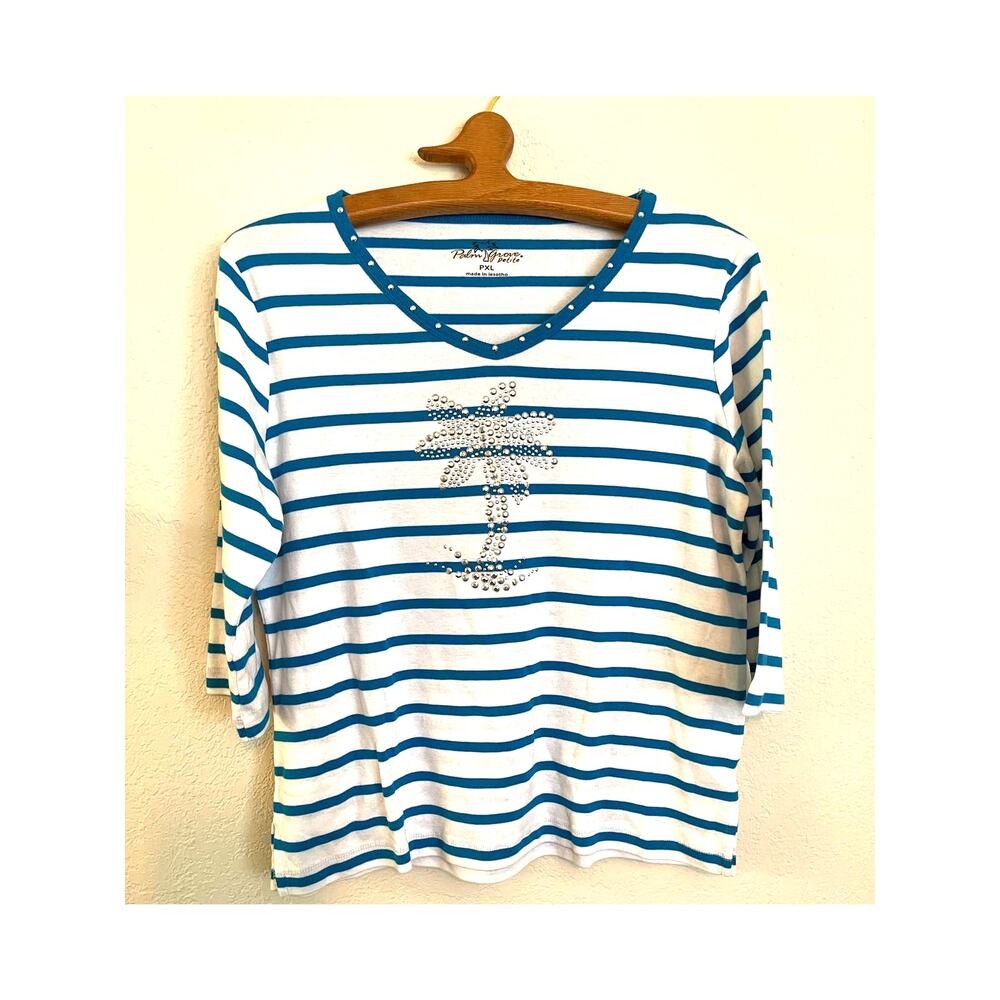 Palm Grove Petite Cotton Blend Turquoise Blue Striped Palm Tree Top XL